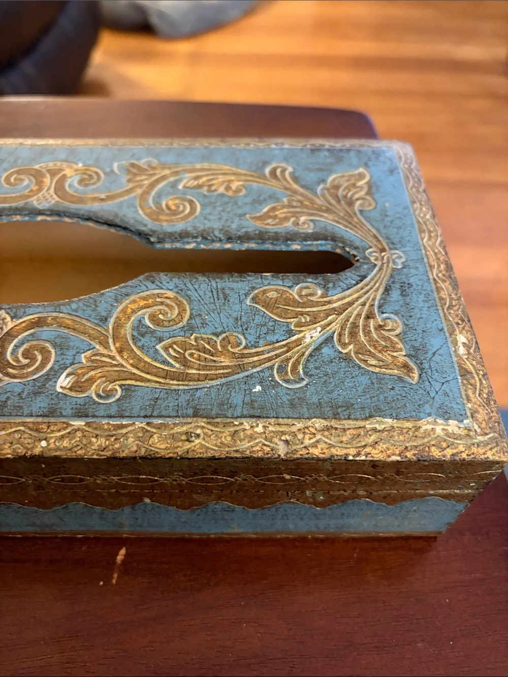 Vintage Italian Florentine Tissue Box Cover Aqua Blue Gold Gilt C.E. Italy